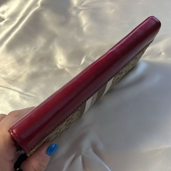 Coach Legacy Signature Stripe Accordion Zip Style 48032 Khaki Black Cherry - Picture 5 of 16